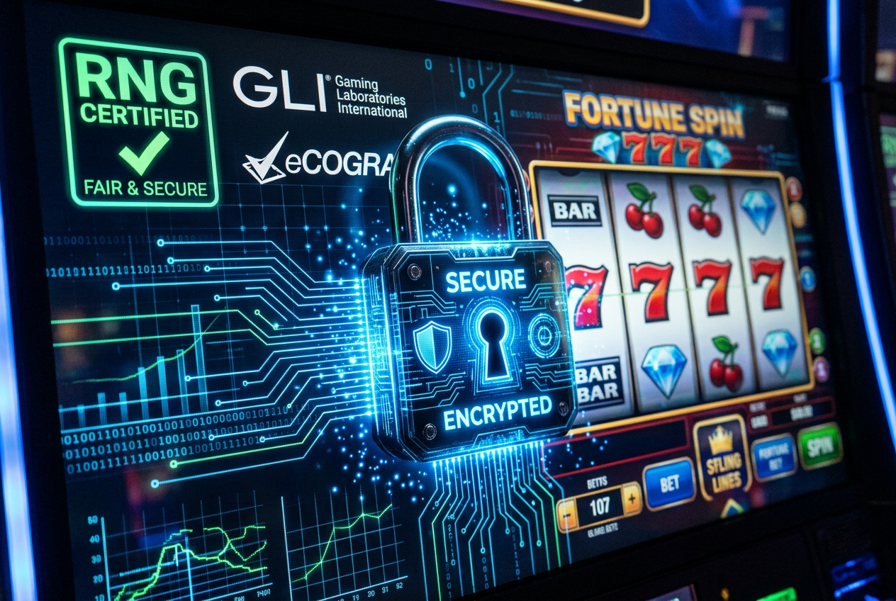 Zbiór certyfikatów bezpieczeństwa i logo iTech Labs na tle interfejsu gry kasynowej