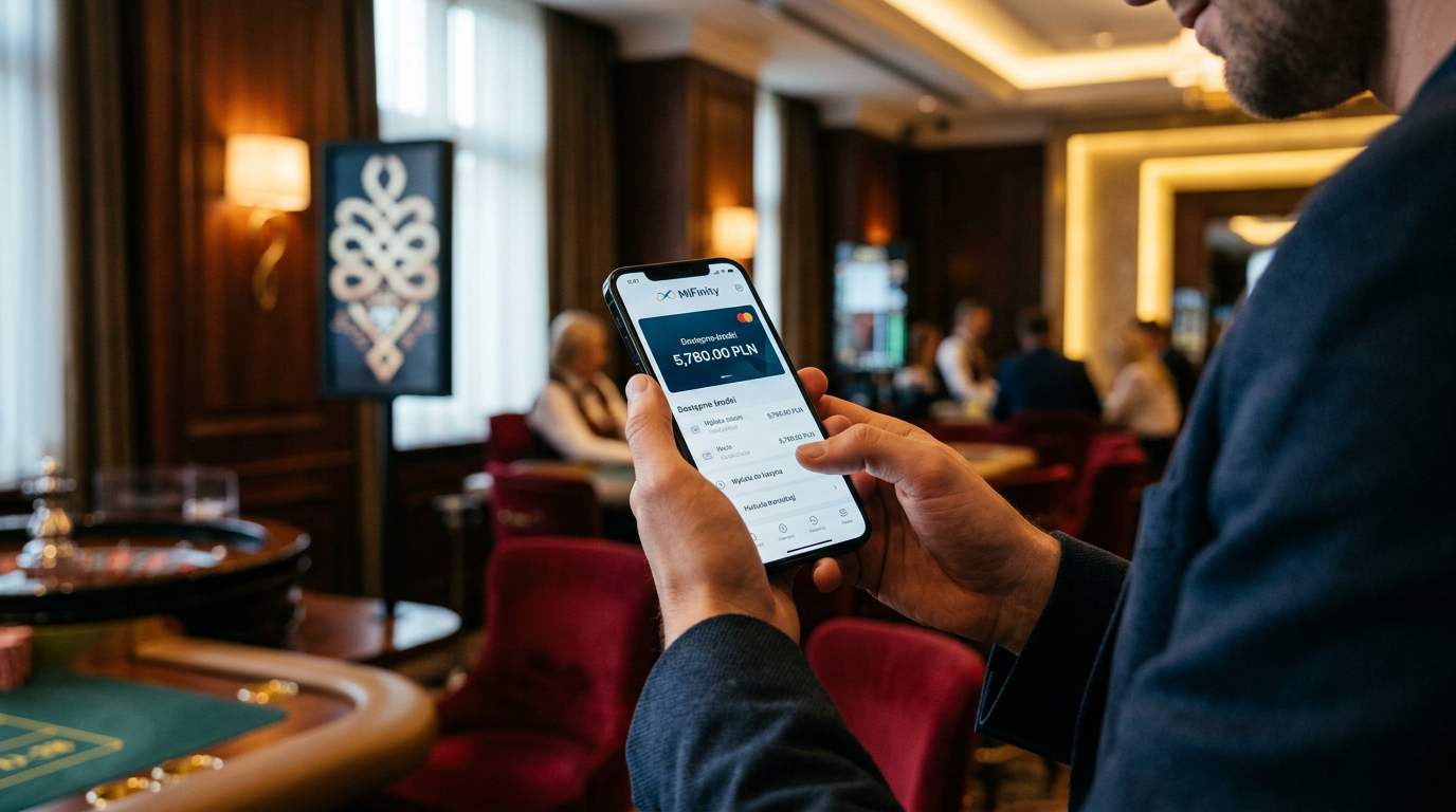 Smartfon z aplikacją portfela MiFinity i saldem w PLN na tle nowoczesnego kasyna.