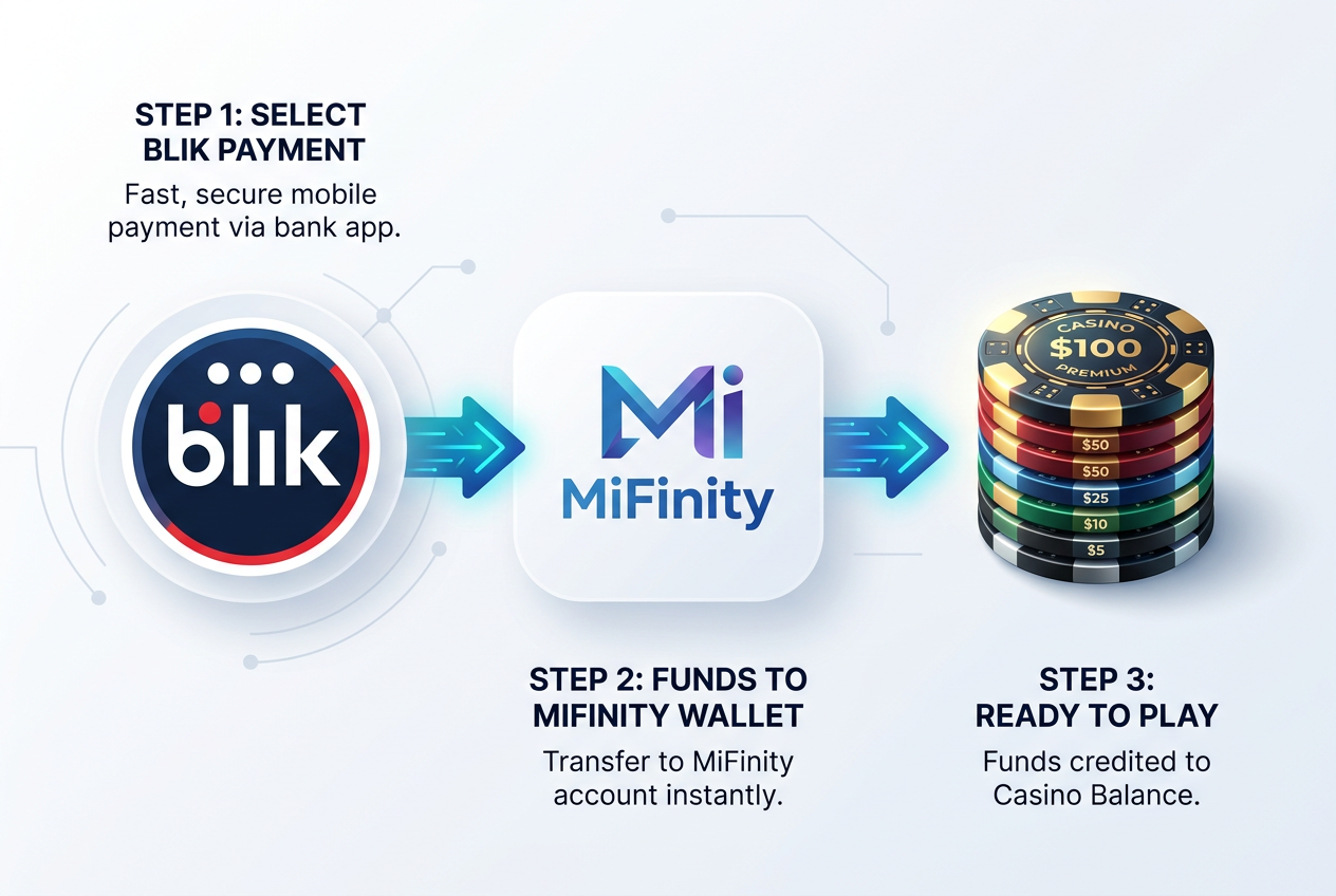 Infografika przedstawiająca połączenie BLIK z portfelem MiFinity i kasynem