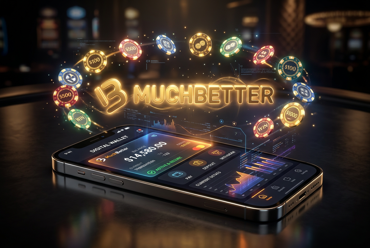 Mobilny portfel MuchBetter i żetony kasynowe na luksusowym tle