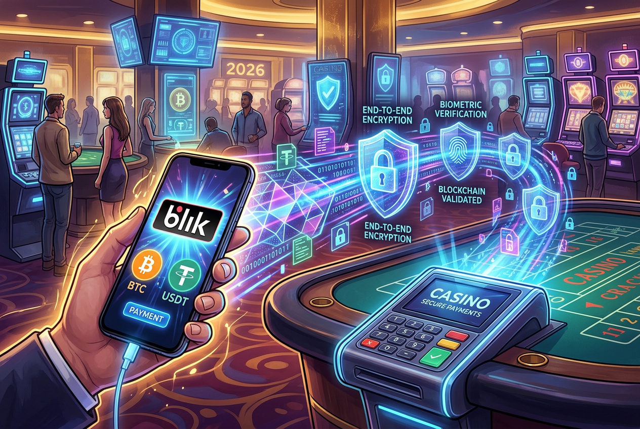 Digital wallet interface showing BLIK, USDT, and fast card withdrawal options in a secure 2026 Polish casino environment